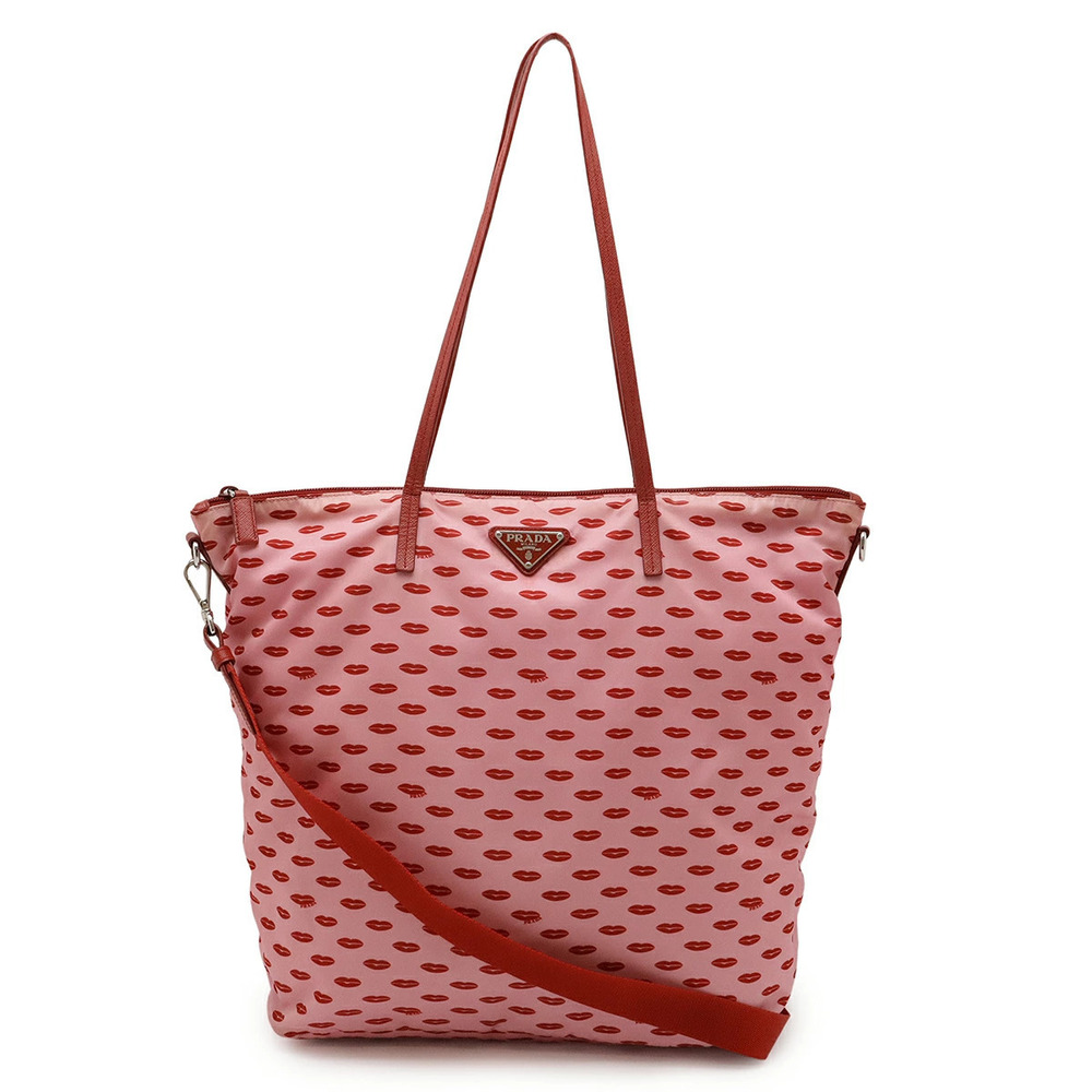 Prada Triangle Lip Tote Bag Shoulder Leather Pink Red